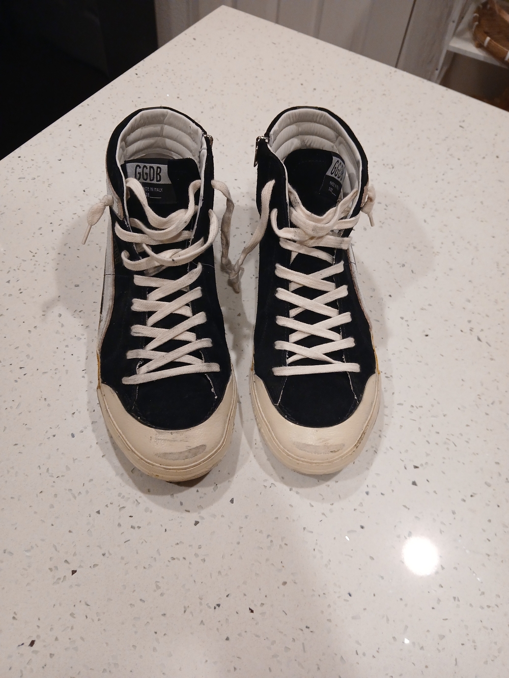 Golden Goose Slide Penstar in black suede with black star and white flash Sz 42